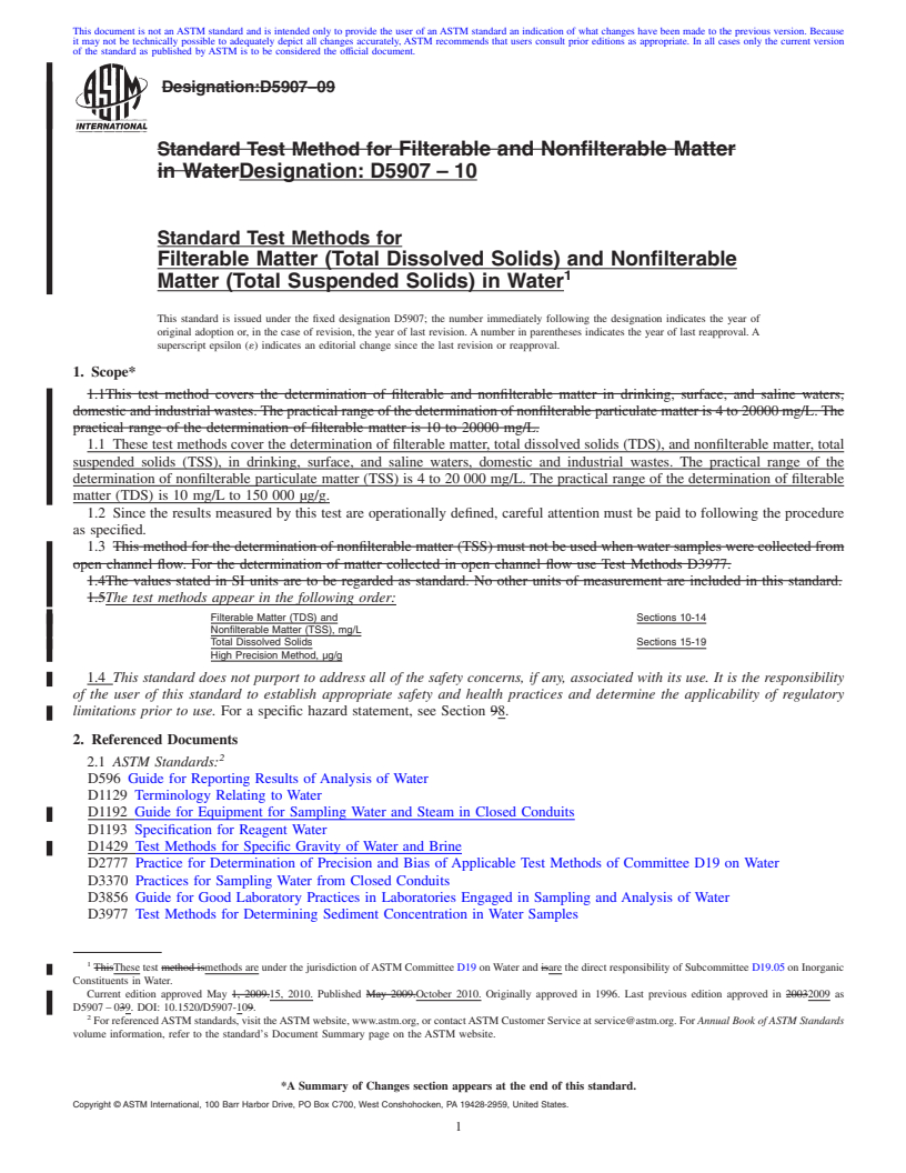 REDLINE ASTM D5907-10 - Standard Test Methods for  Filterable Matter (Total Dissolved Solids)  and Nonfilterable Matter (Total Suspended Solids) in Water