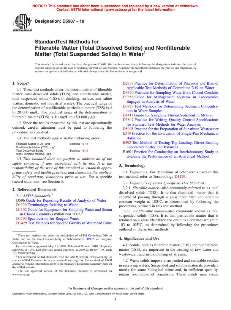 ASTM D5907-10 - Standard Test Methods for  Filterable Matter (Total Dissolved Solids)  and Nonfilterable Matter (Total Suspended Solids) in Water