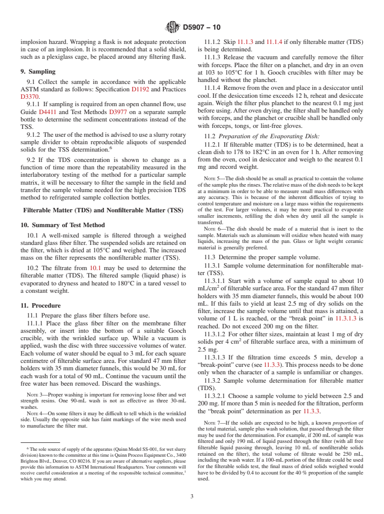 ASTM D5907-10 - Standard Test Methods for  Filterable Matter (Total Dissolved Solids)  and Nonfilterable Matter (Total Suspended Solids) in Water