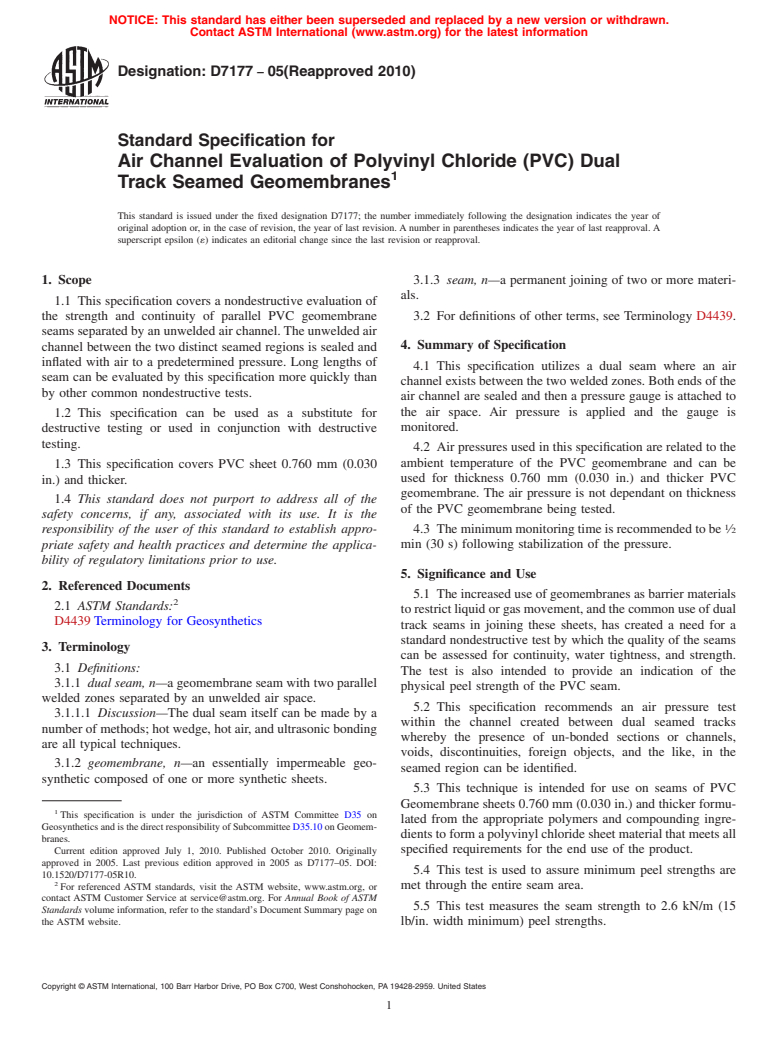 ASTM D7177-05(2010) - Standard Specification for Air Channel Evaluation of Polyvinyl Chloride (PVC) Dual Track Seamed Geomembranes