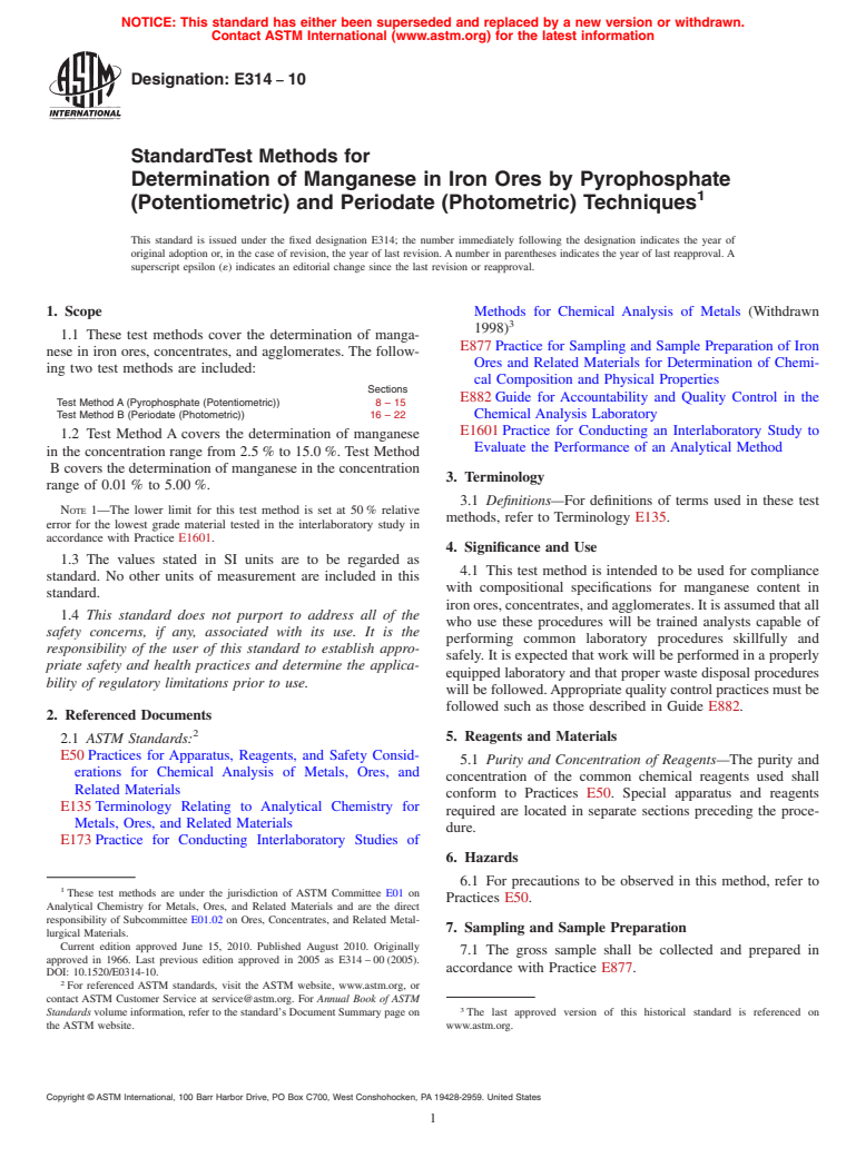 ASTM E314-10 - Standard Test Methods for  Determination of Manganese in Iron Ores by Pyrophosphate (Potentiometric) and Periodate (Photometric) Techniques