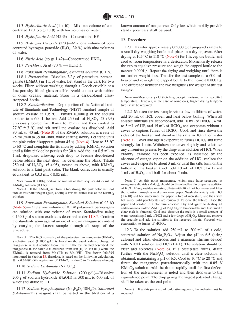 ASTM E314-10 - Standard Test Methods for  Determination of Manganese in Iron Ores by Pyrophosphate (Potentiometric) and Periodate (Photometric) Techniques