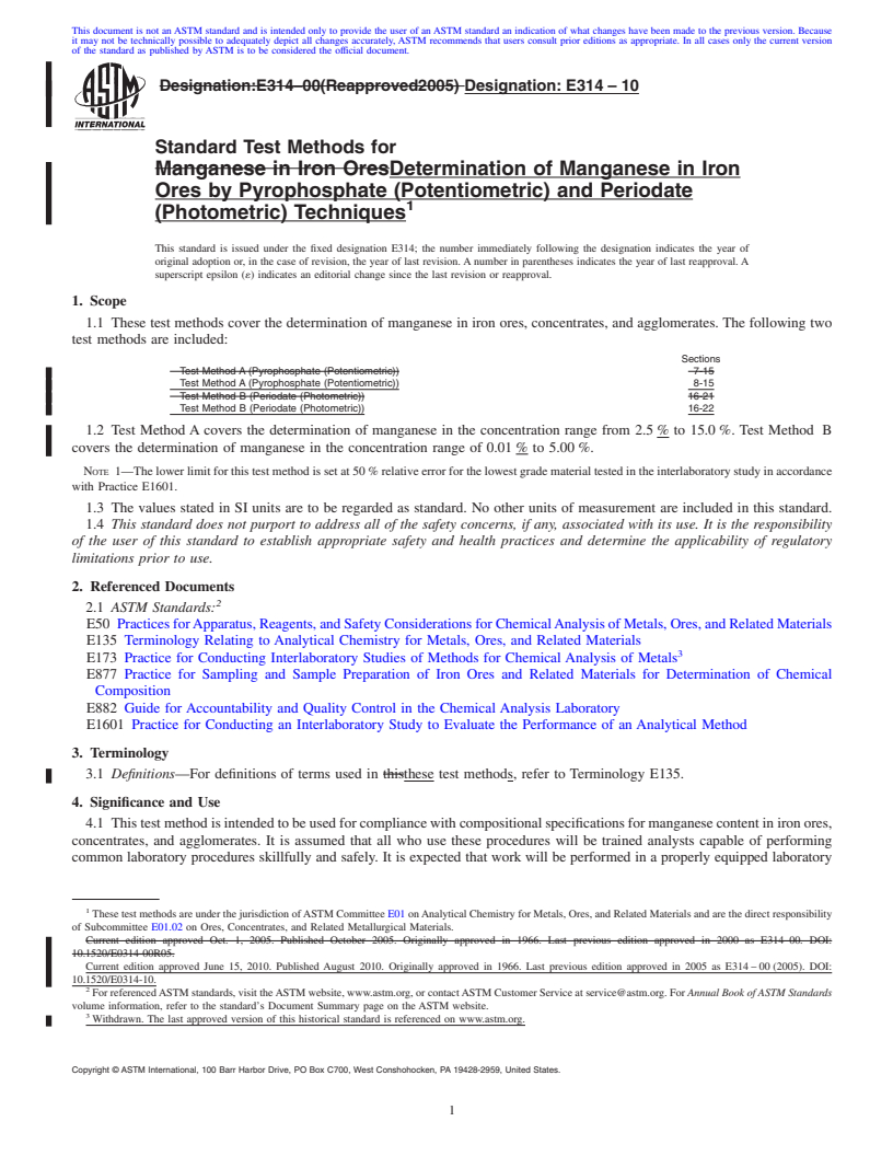 REDLINE ASTM E314-10 - Standard Test Methods for  Determination of Manganese in Iron Ores by Pyrophosphate (Potentiometric) and Periodate (Photometric) Techniques