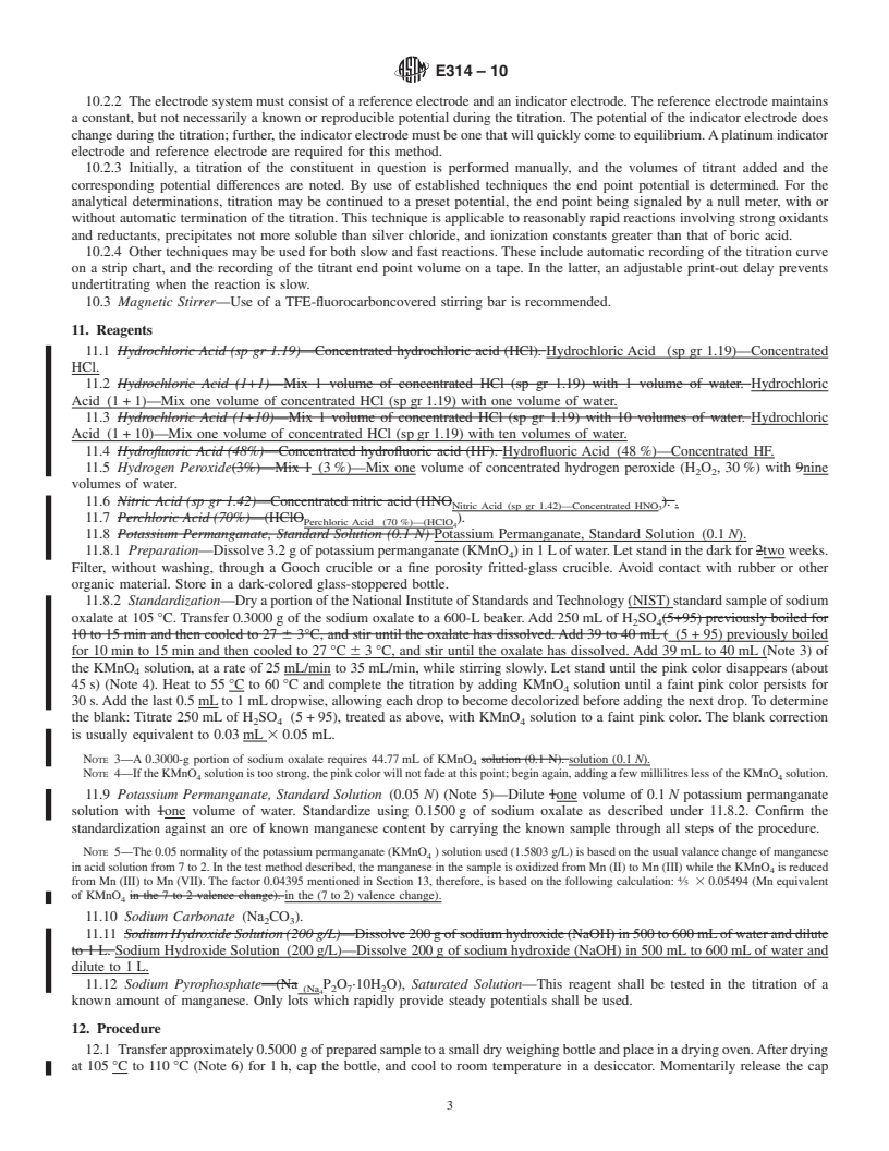 REDLINE ASTM E314-10 - Standard Test Methods for  Determination of Manganese in Iron Ores by Pyrophosphate (Potentiometric) and Periodate (Photometric) Techniques