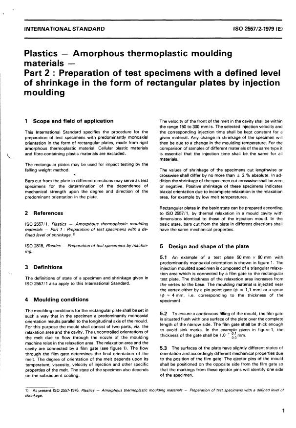 ISO 2557-2:1979 - Plastics -- Amorphous thermoplastic moulding materials -- Preparation of test specimens with a defined level of shrinkage