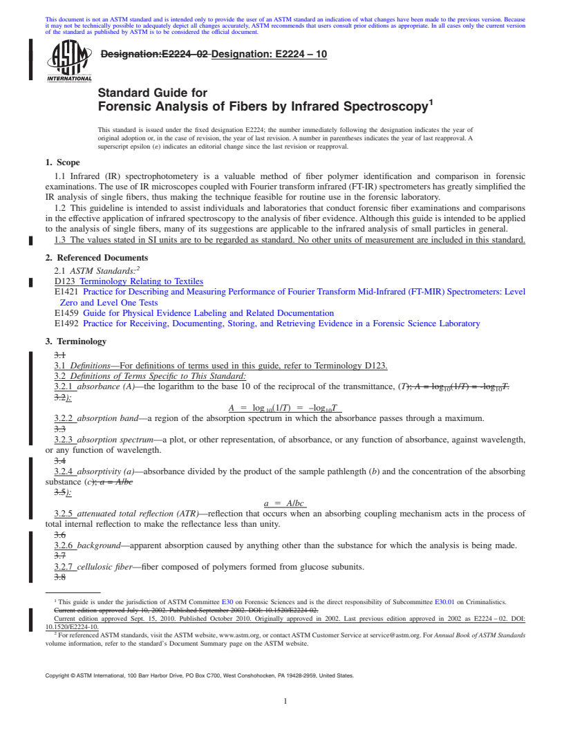 REDLINE ASTM E2224-10 - Standard Guide for Forensic Analysis of Fibers by Infrared Spectroscopy