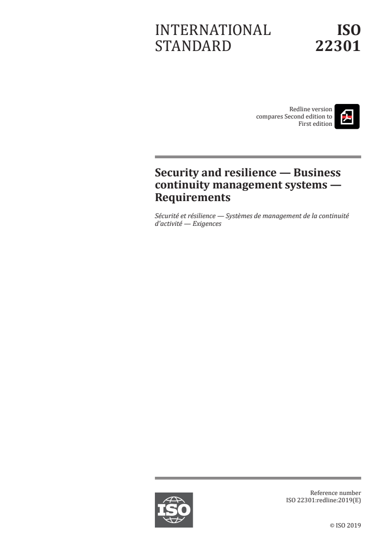 REDLINE ISO 22301:2019 - Security and resilience — Business continuity management systems — Requirements
Released:10/30/2019