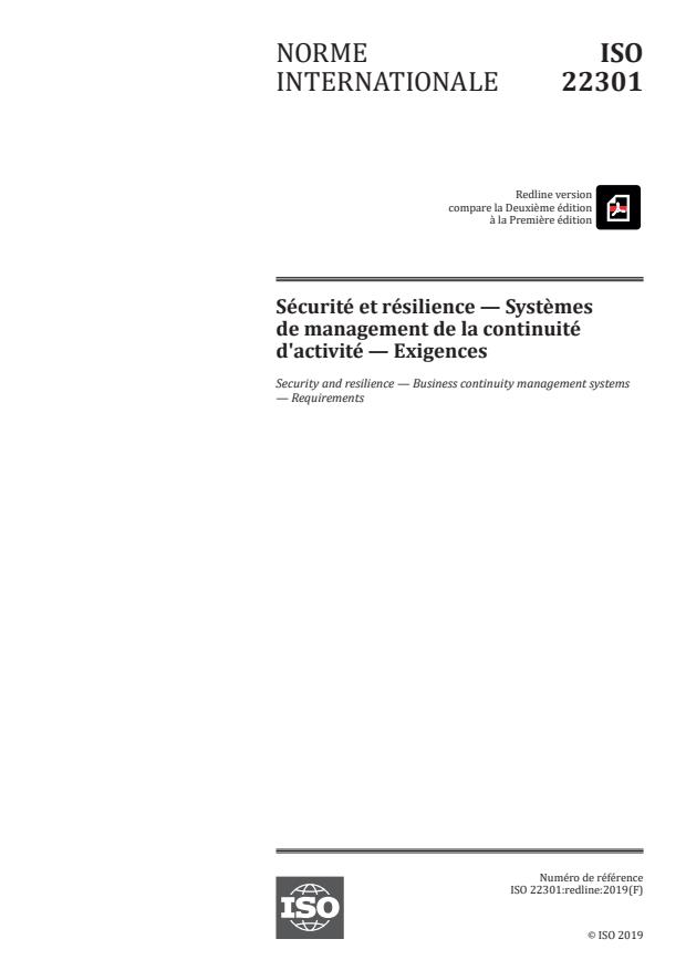 REDLINE ISO 22301:2019 - Sécurité et résilience --  Systemes de management de la continuité d'activité -- Exigences