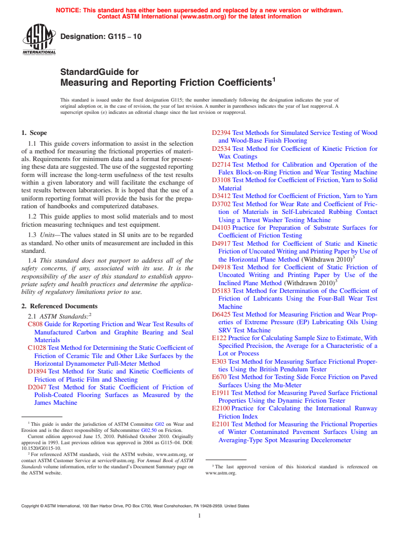 ASTM G115-10 - Standard Guide for Measuring and Reporting Friction Coefficients