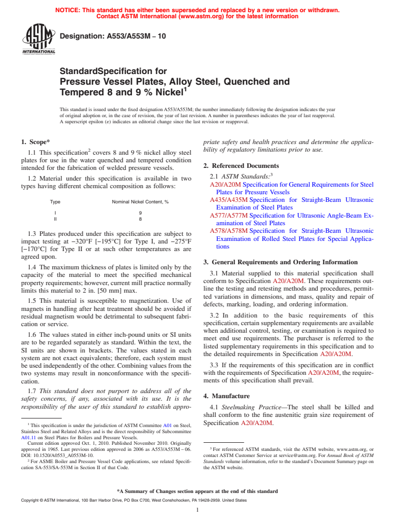 ASTM A553/A553M-10 - Standard Specification for Pressure Vessel Plates, Alloy Steel, Quenched and Tempered 8 and 9 Percent Nickel