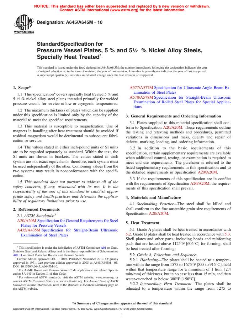 ASTM A645/A645M-10 - Standard Specification for Pressure Vessel Plates, Five Percent Nickel Alloy Steel, Specially Heat Treated