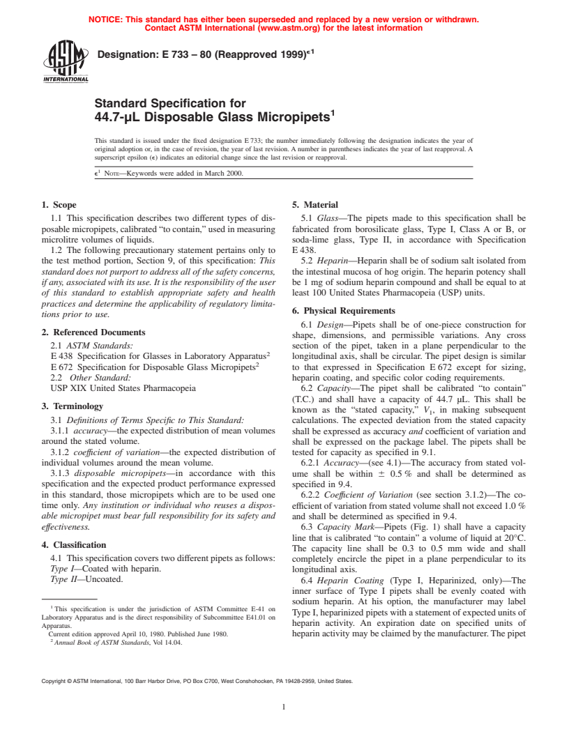 ASTM E733-80(1999)e1 - Standard Specification for 44.7-[mu]L Disposable Glass Micropipets (Withdrawn 2005)