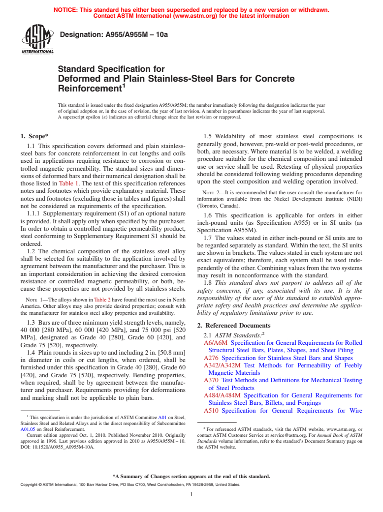 ASTM A955/A955M-10a - Standard Specification for Deformed and Plain Stainless-Steel Bars for Concrete Reinforcement