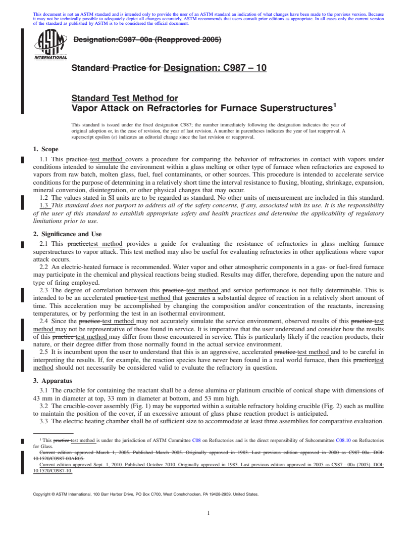 REDLINE ASTM C987-10 - Standard Test Method for Vapor Attack on Refractories for Furnace Superstructures