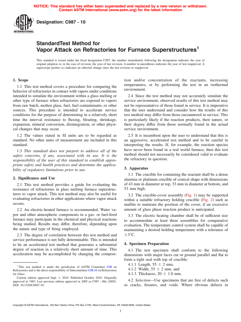 ASTM C987-10 - Standard Test Method for Vapor Attack on Refractories for Furnace Superstructures