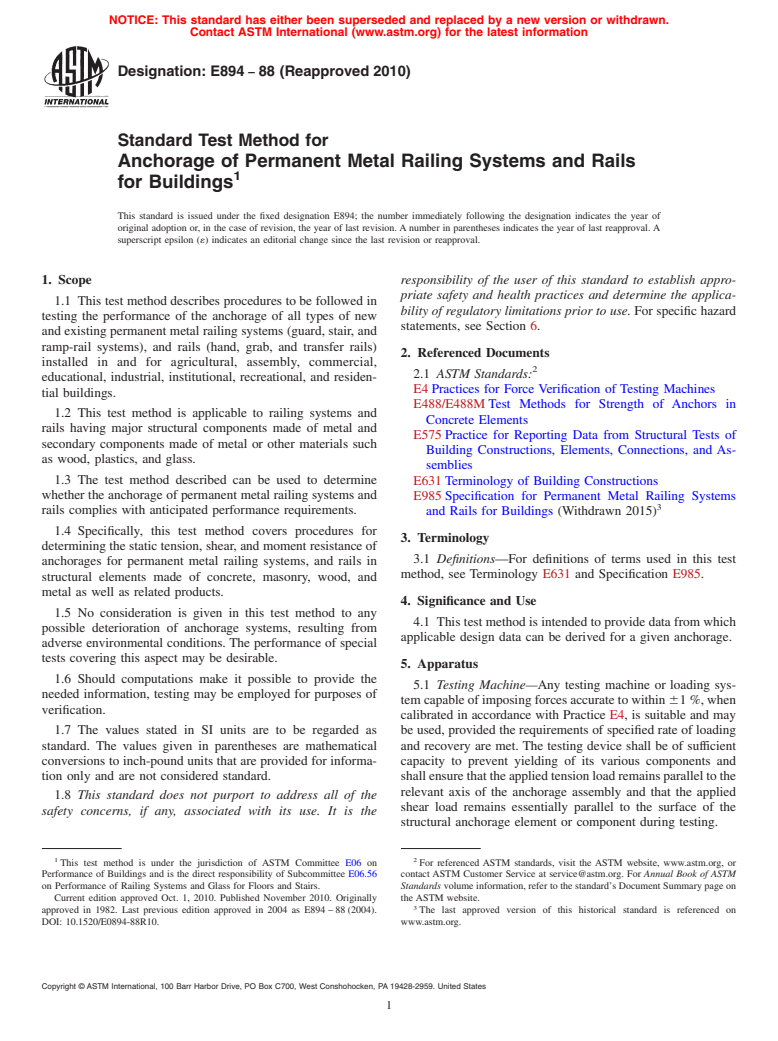 ASTM E894-88(2010) - Standard Test Method for Anchorage of Permanent Metal Railing Systems and Rails for Buildings