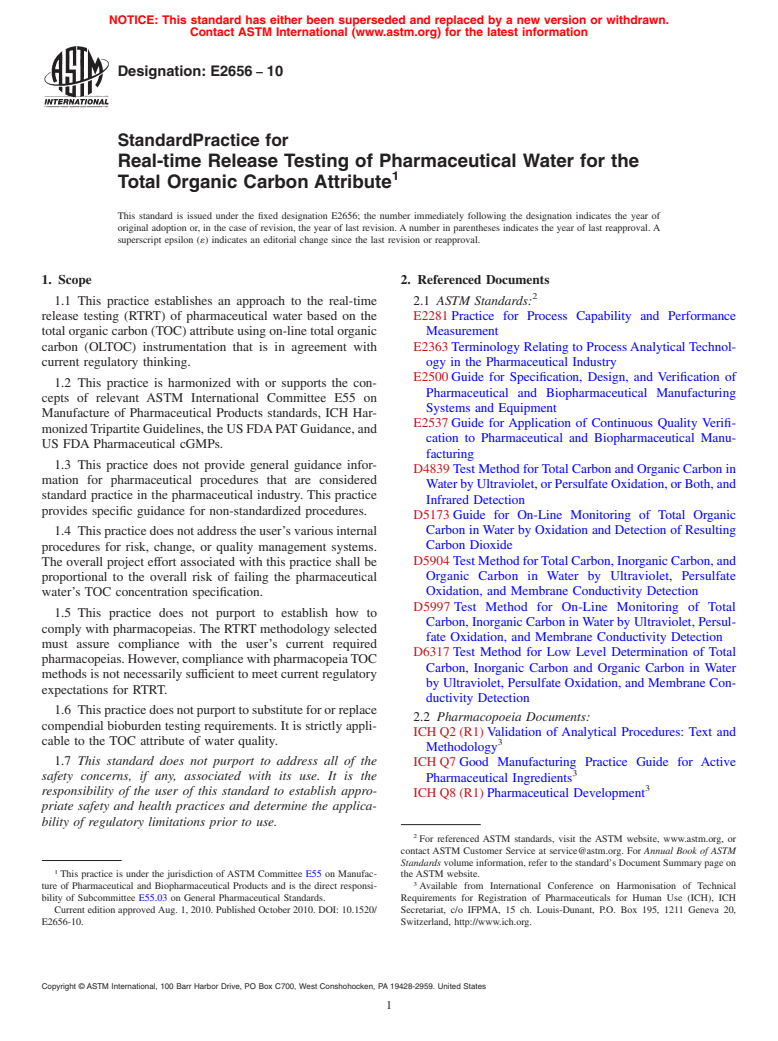 ASTM E2656-10 - Standard Practice for Real-time Release Testing of Pharmaceutical Water for the Total  Organic Carbon Attribute