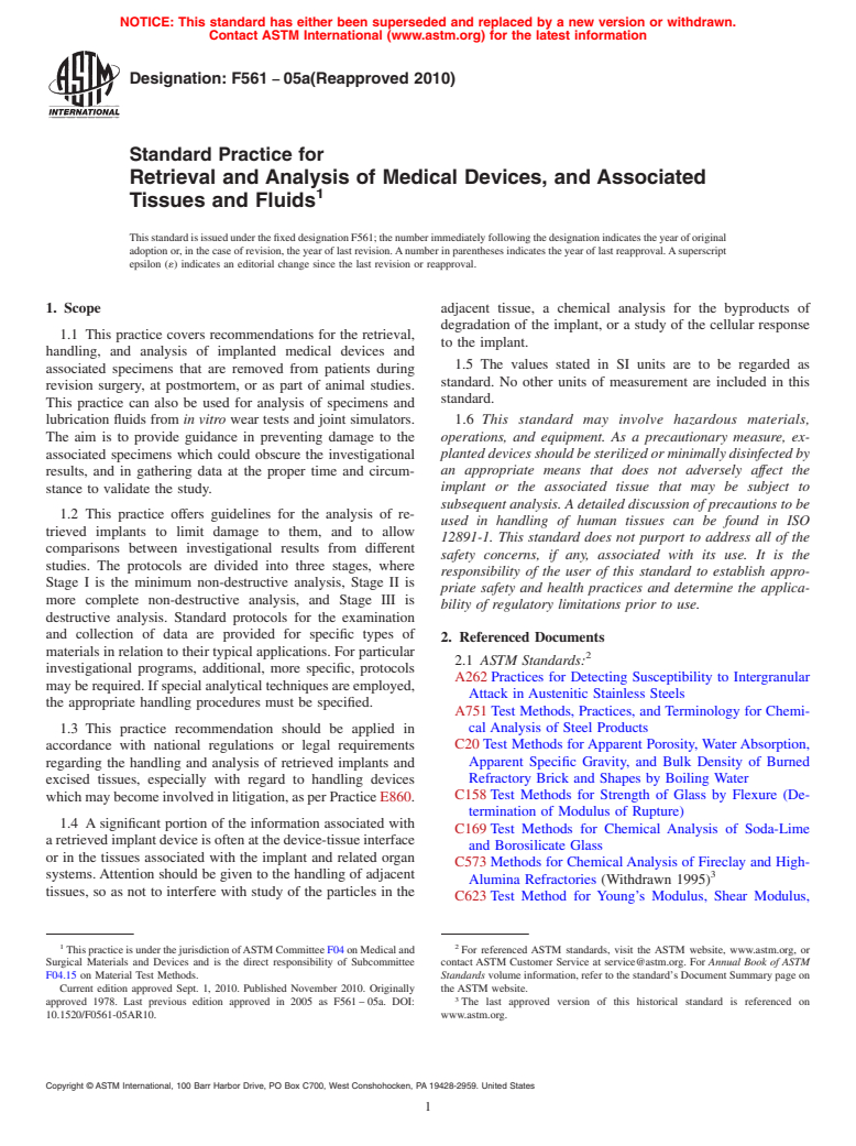 ASTM F561-05a(2010) - Standard Practice for Retrieval and Analysis of Medical Devices, and Associated Tissues and Fluids