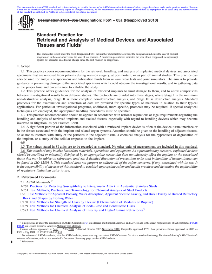 REDLINE ASTM F561-05a(2010) - Standard Practice for Retrieval and Analysis of Medical Devices, and Associated Tissues and Fluids