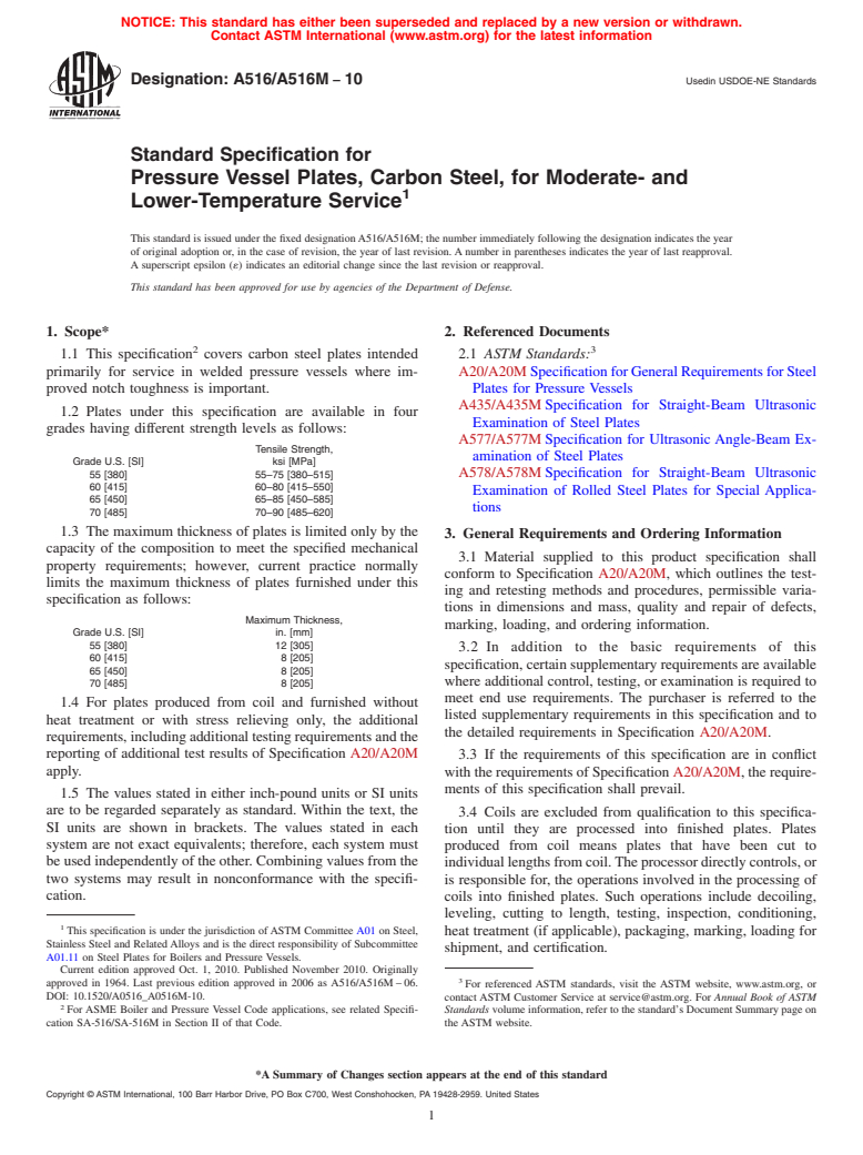 ASTM A516/A516M-10 - Standard Specification for Pressure Vessel Plates, Carbon Steel, for Moderate- and Lower-Temperature Service