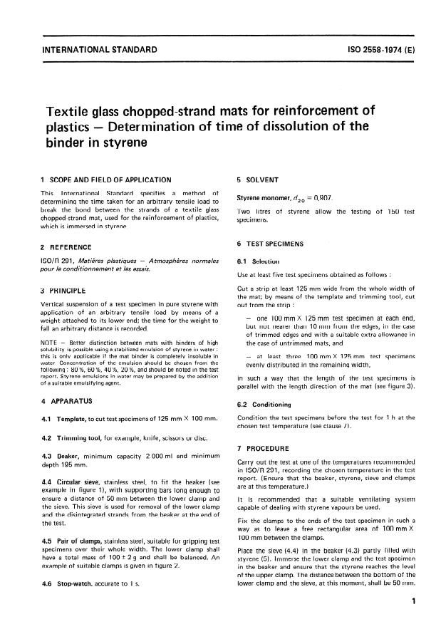 ISO 2558:1974 - Textile glass chopped-strand mats for reinforcement of plastics -- Determination of time of dissolution of the binder in styrene