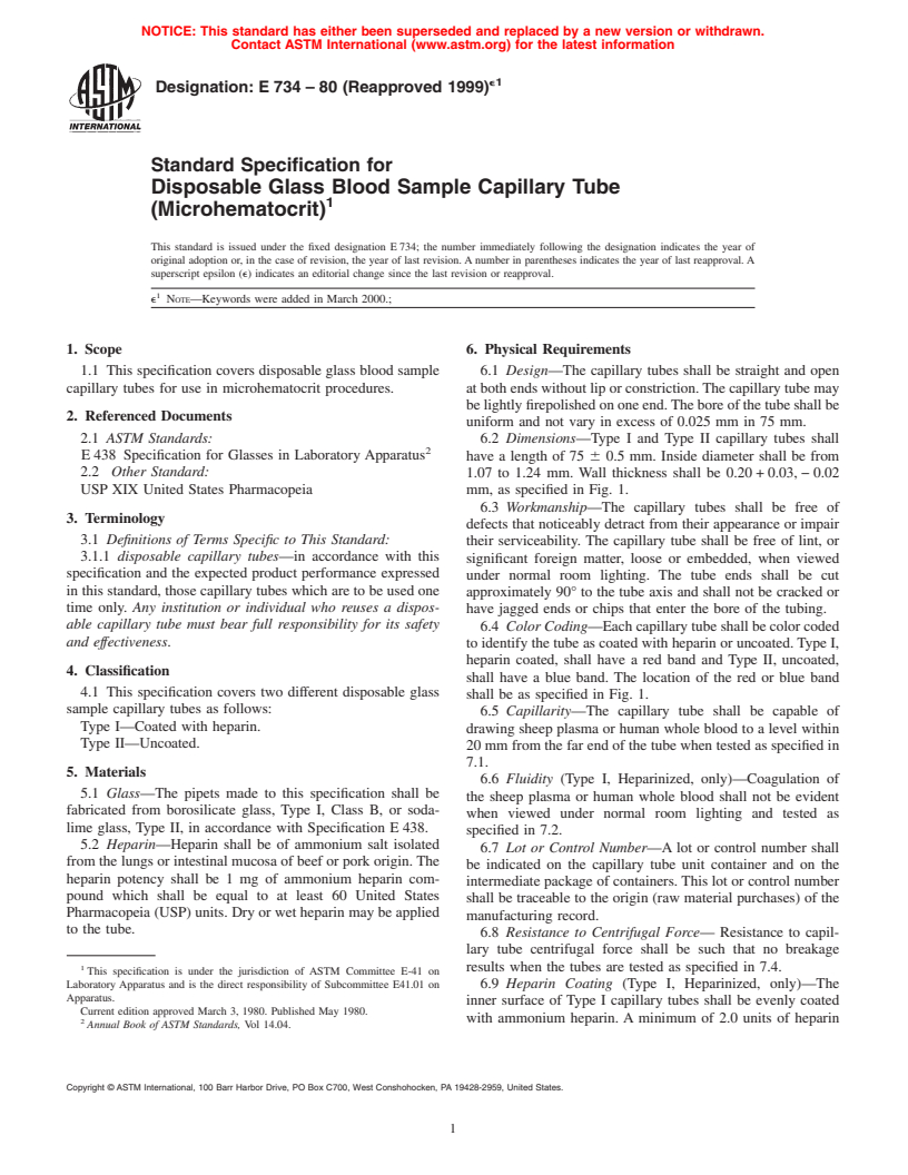 ASTM E734-80(1999)e1 - Standard Specification for Disposable Glass Blood Sample Capillary Tube (Microhematocrit)