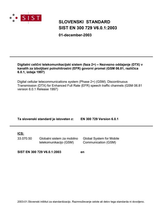 SIST EN 300 729 V6.0.1:2003