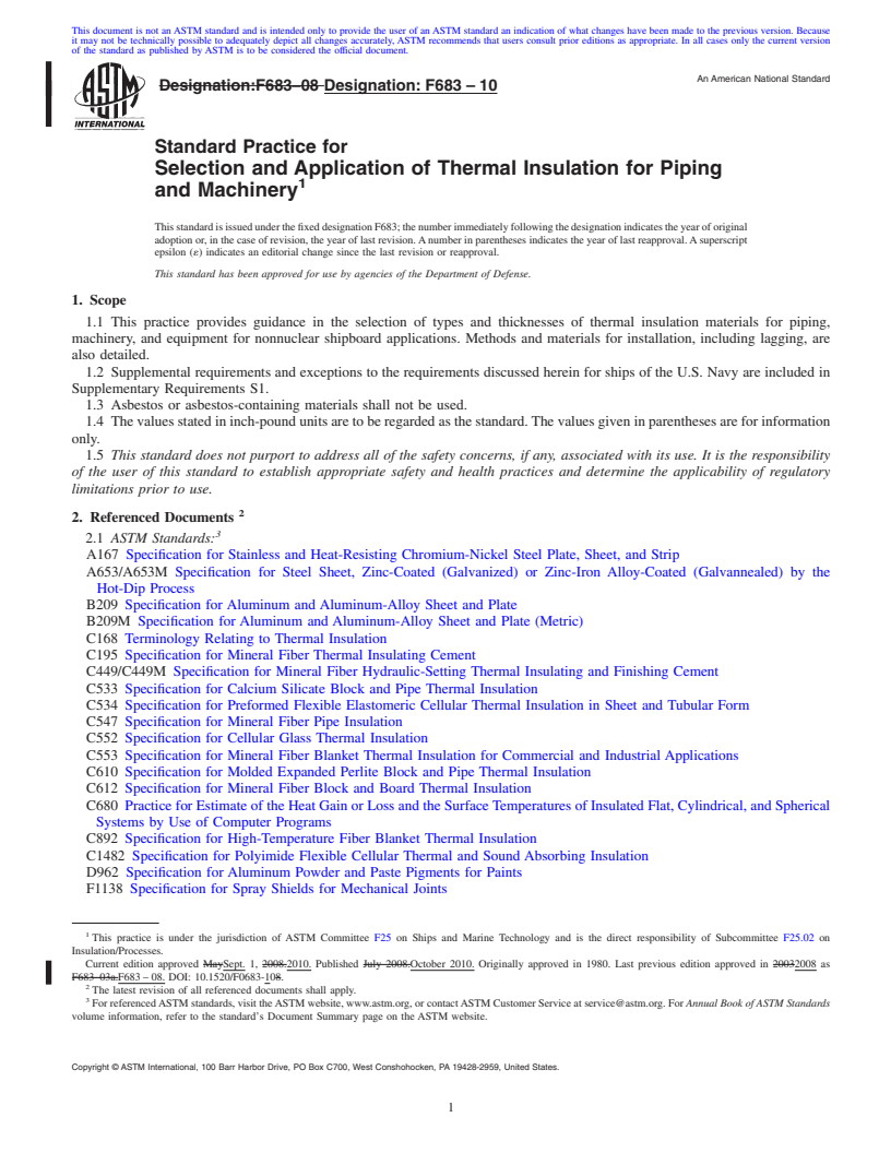 REDLINE ASTM F683-10 - Standard Practice for Selection and Application of Thermal Insulation for Piping and Machinery