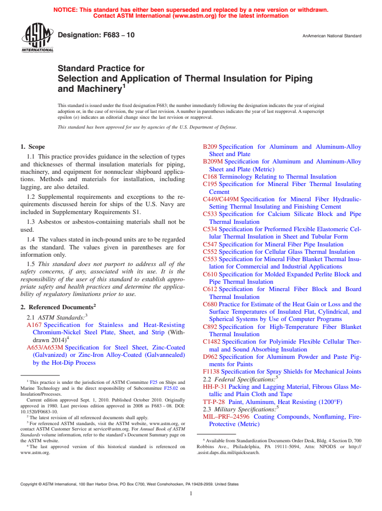 ASTM F683-10 - Standard Practice for Selection and Application of Thermal Insulation for Piping and Machinery