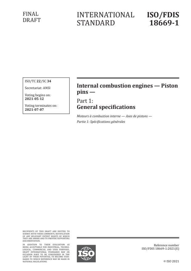ISO/FDIS 18669-1:Version 08-maj-2021 - Internal combustion engines -- Piston pins