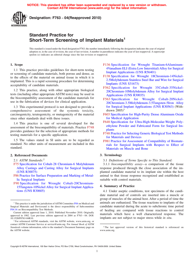 ASTM F763-04(2010) - Standard Practice for Short-Term Screening of Implant Materials