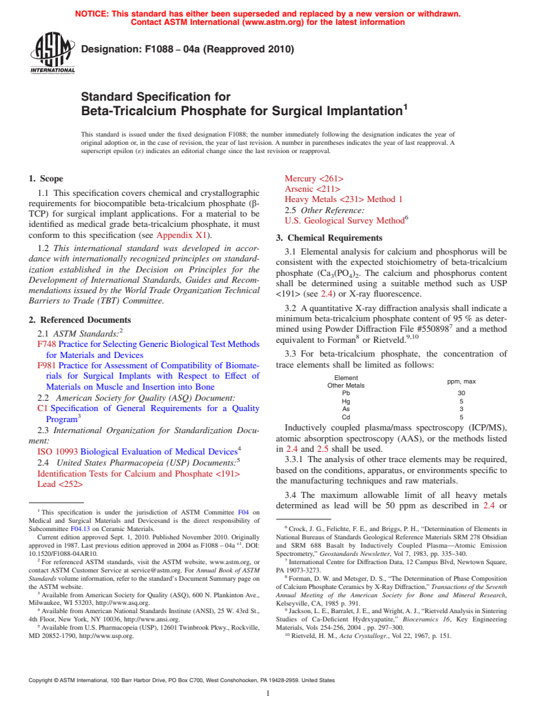 ASTM F1088-04a(2010) - Standard Specification for Beta-Tricalcium Phosphate for Surgical Implantation