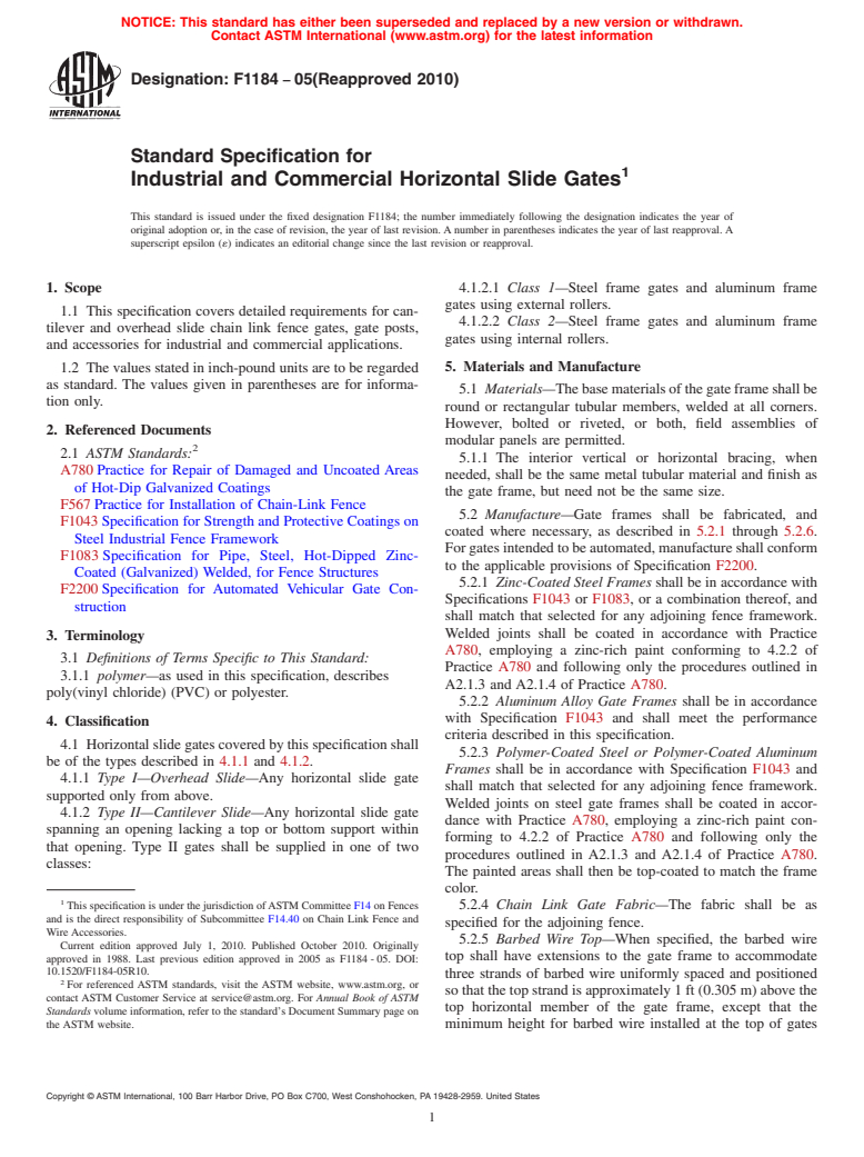 ASTM F1184-05(2010) - Standard Specification for Industrial and Commercial Horizontal Slide Gates