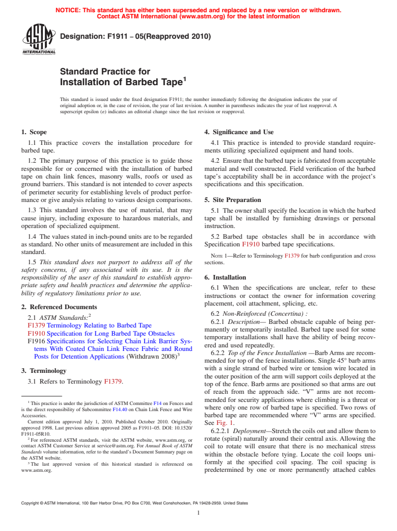 ASTM F1911-05(2010) - Standard Practice for Installation of Barbed Tape