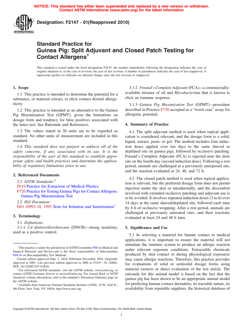 ASTM F2147-01(2010) - Standard Practice for Guinea Pig: Split Adjuvant and Closed Patch Testing for Contact Allergens