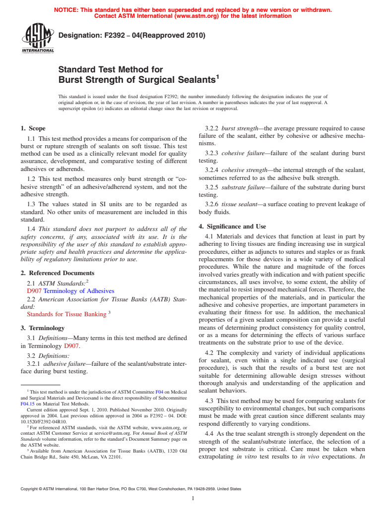 ASTM F2392-04(2010) - Standard Test Method for Burst Strength of Surgical Sealants