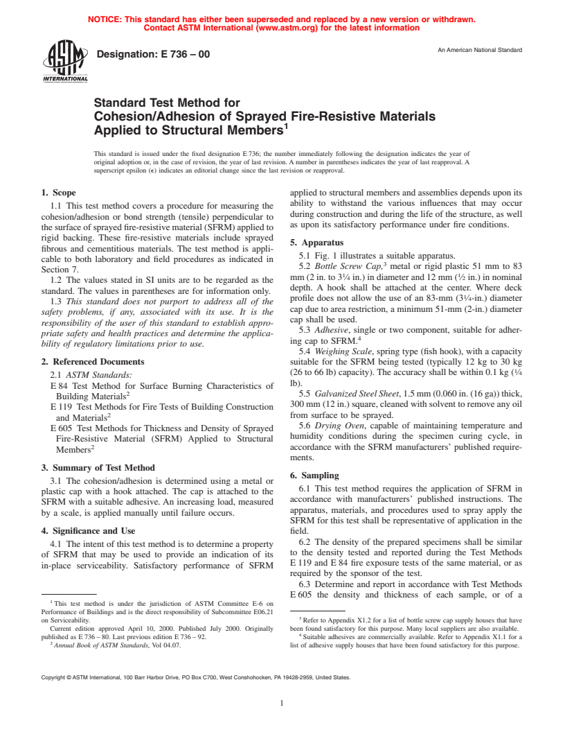 ASTM E736-00 - Standard Test Method for Cohesion/Adhesion of Sprayed Fire-Resistive Materials Applied to Structural Members