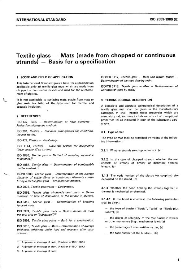 ISO 2559:1980 - Textile glass -- Mats (made from chopped or continuous strands) -- Basis for a specification