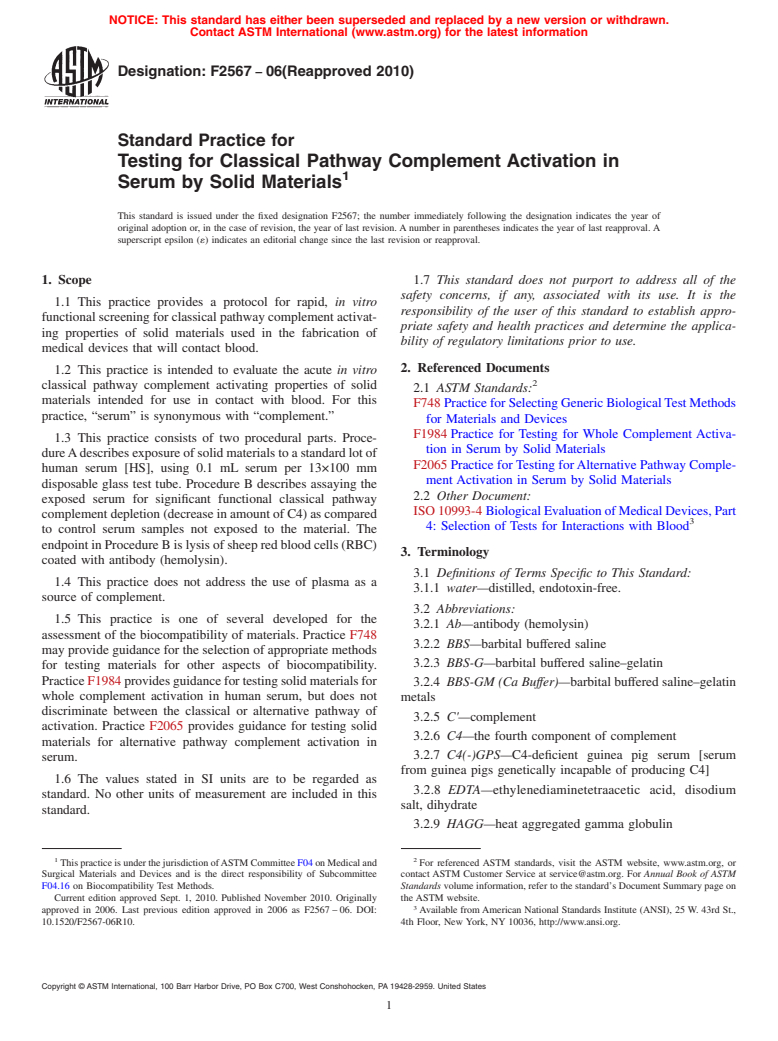 ASTM F2567-06(2010) - Standard Practice for Testing for Classical Pathway Complement Activation in Serum by Solid Materials (Withdrawn 2016)