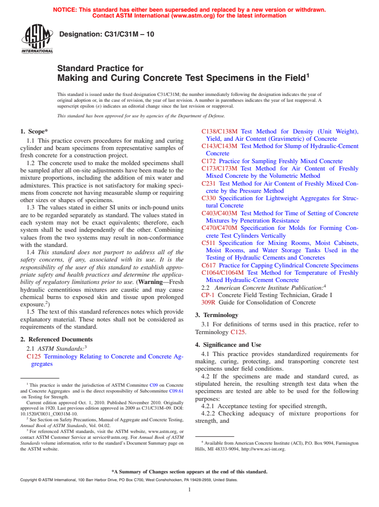 ASTM C31/C31M-10 - Standard Practice for Making and Curing Concrete Test Specimens in the Field