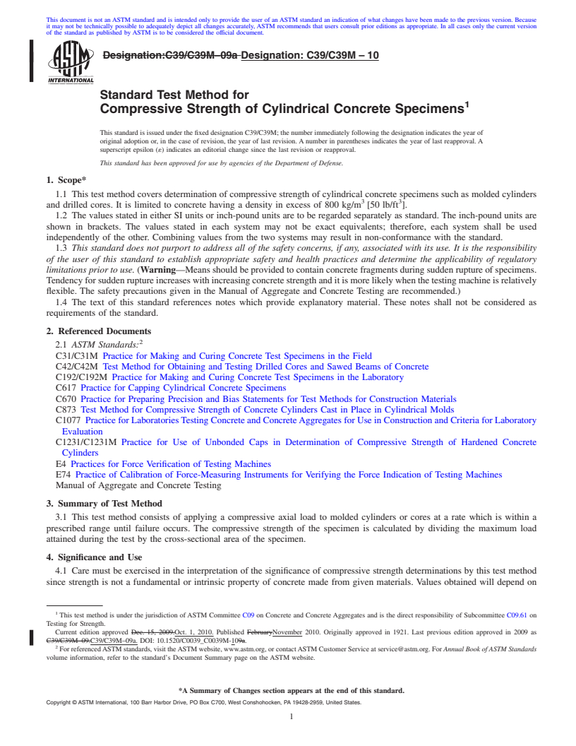 REDLINE ASTM C39/C39M-10 - Standard Test Method for  Compressive Strength of Cylindrical Concrete Specimens