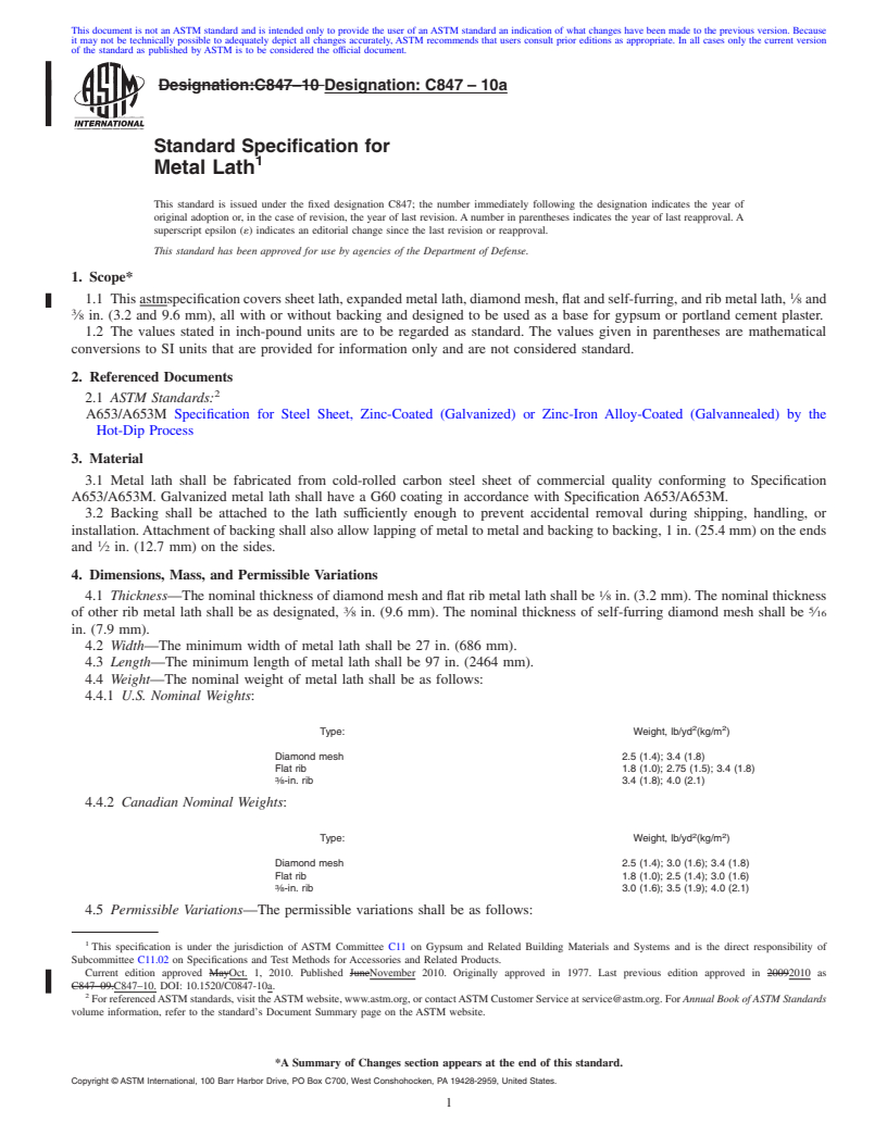 REDLINE ASTM C847-10a - Standard Specification for  Metal Lath