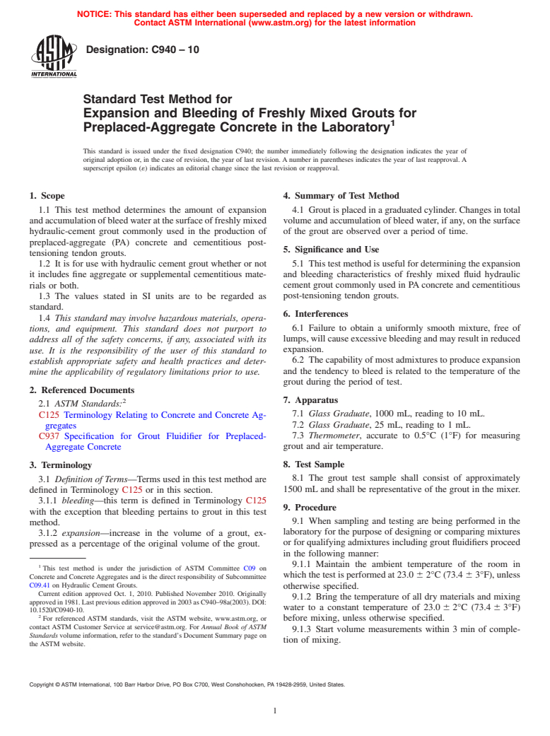 ASTM C940-10 - Standard Test Method for Expansion and Bleeding of Freshly Mixed Grouts for Preplaced-Aggregate Concrete in the Laboratory