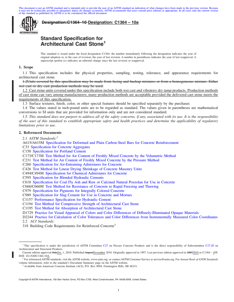 REDLINE ASTM C1364-10a - Standard Specification for Architectural Cast Stone