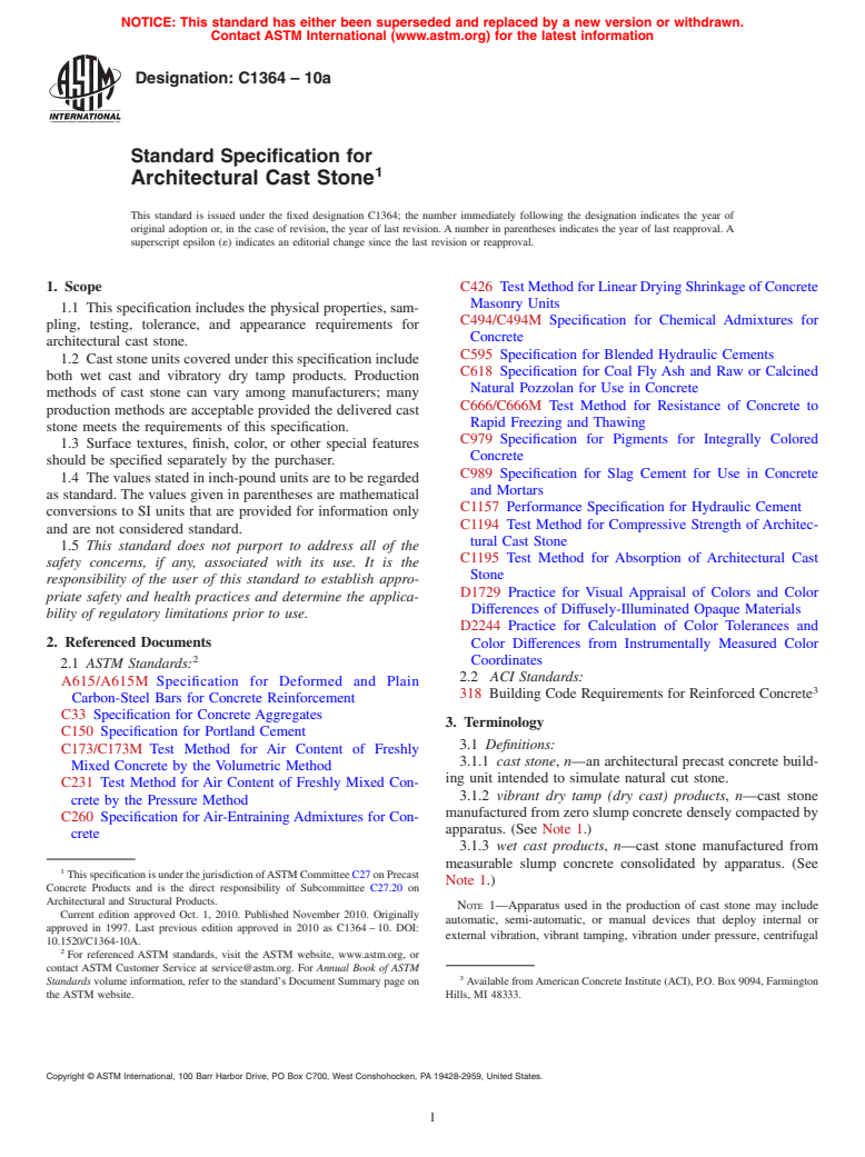 ASTM C1364-10a - Standard Specification for Architectural Cast Stone