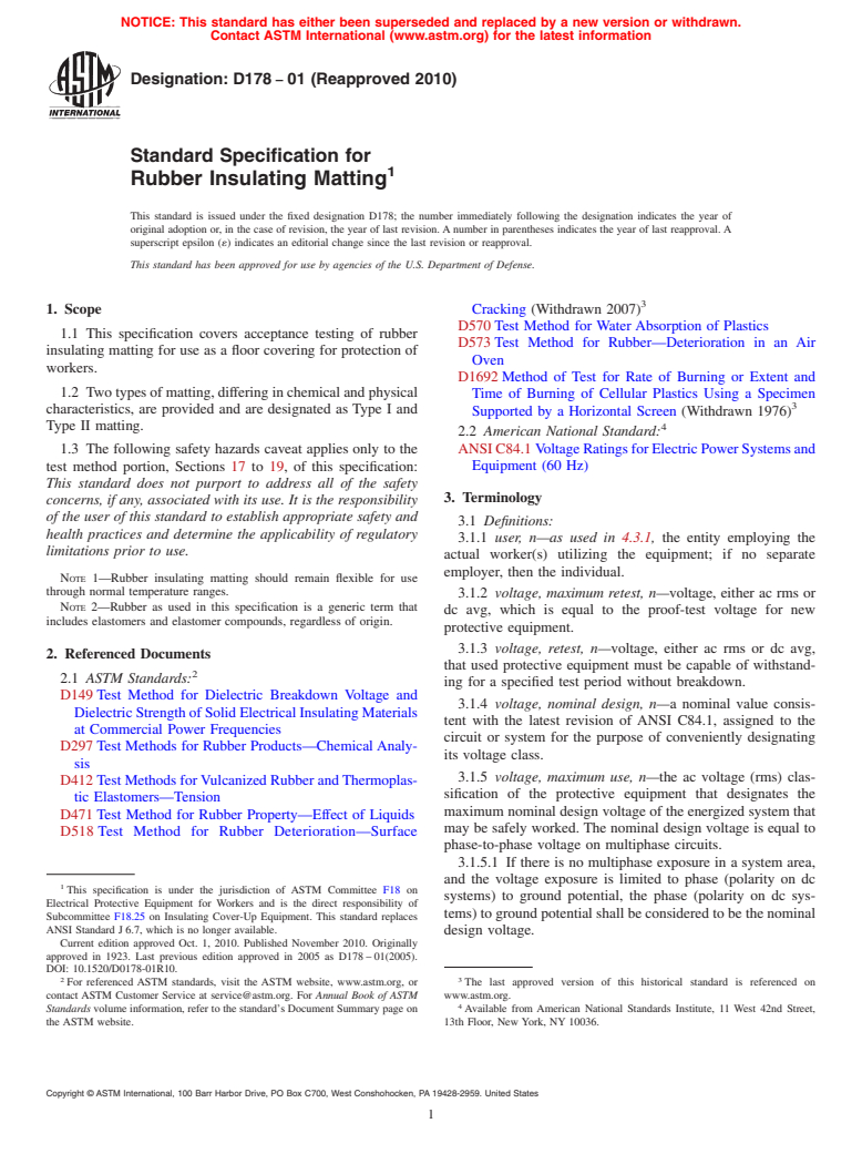 ASTM D178-01(2010) - Standard Specification for Rubber Insulating Matting