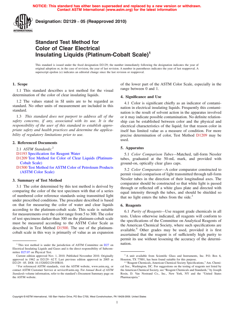 ASTM D2129-05(2010) - Standard Test Method for Color of Clear Electrical Insulating Liquids (Platinum-Cobalt Scale)