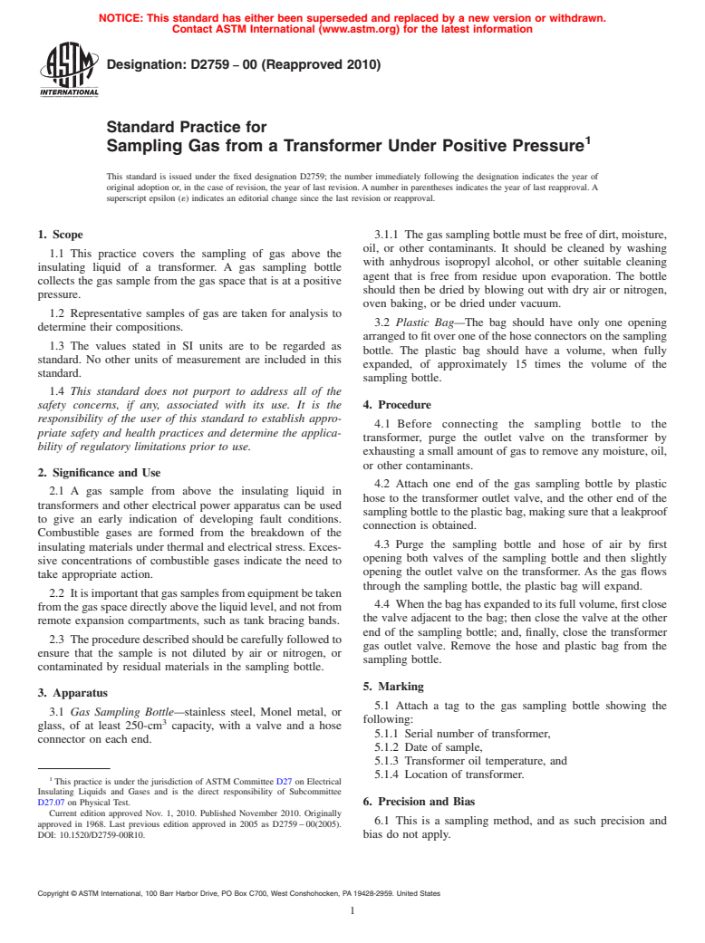 ASTM D2759-00(2010) - Standard Practice for Sampling Gas from a Transformer Under Positive Pressure