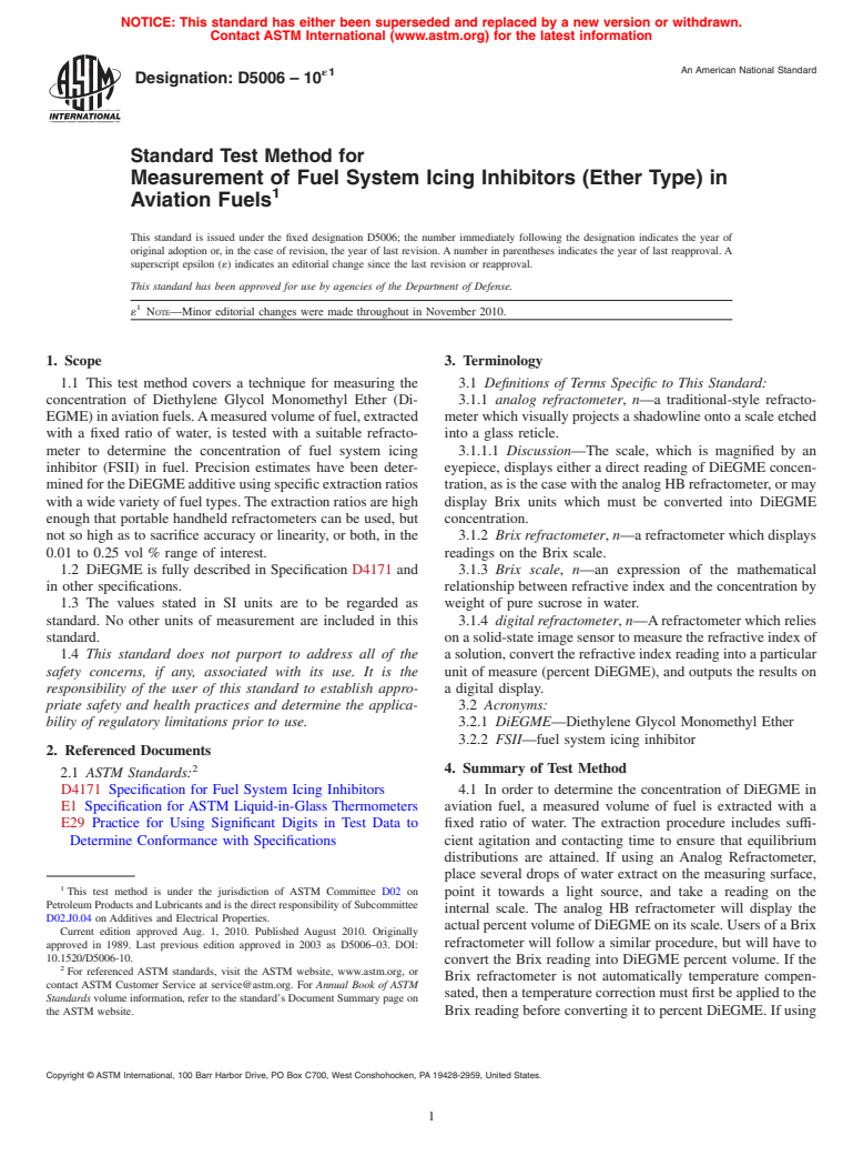 ASTM D5006-10e1 - Standard Test Method for Measurement of Fuel System Icing Inhibitors (Ether Type) in Aviation Fuels