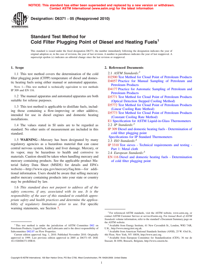 ASTM D6371-05(2010) - Standard Test Method for Cold Filter Plugging Point of Diesel and Heating Fuels